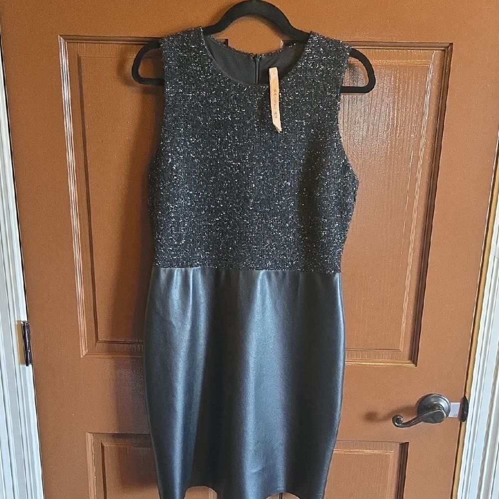 Bailey 44-Black sleeveless dress, wool blend textured top, faux leather skt Sz L